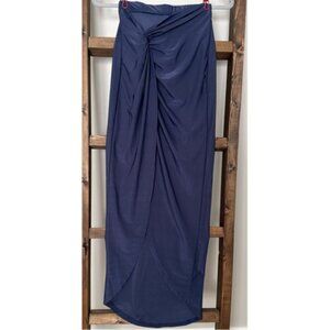 Navy Blue Ruched Wrap Maxi Skirt Draped Jersey Stretchy Elegant